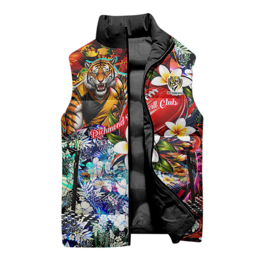Personalized Richmond Football Tigers Sleeveless Puffer Jacket Tropical Hibiscus Flowers - Pacific Fusion Style