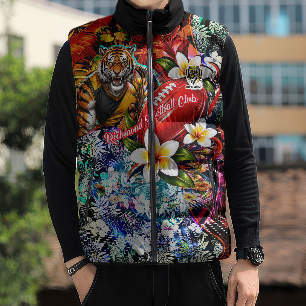 Personalized Richmond Football Tigers Sleeveless Puffer Jacket Tropical Hibiscus Flowers - Pacific Fusion Style