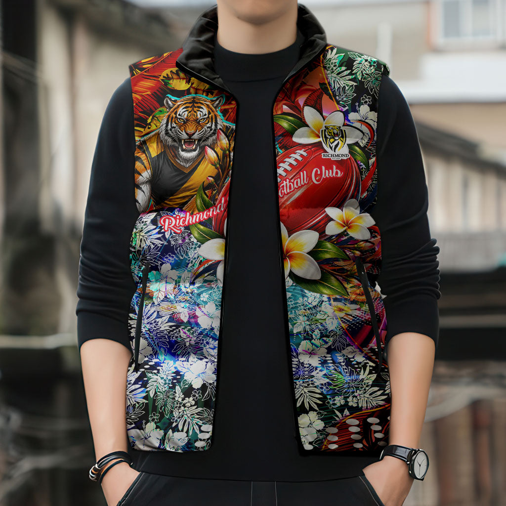 Personalized Richmond Football Tigers Sleeveless Puffer Jacket Tropical Hibiscus Flowers - Pacific Fusion Style