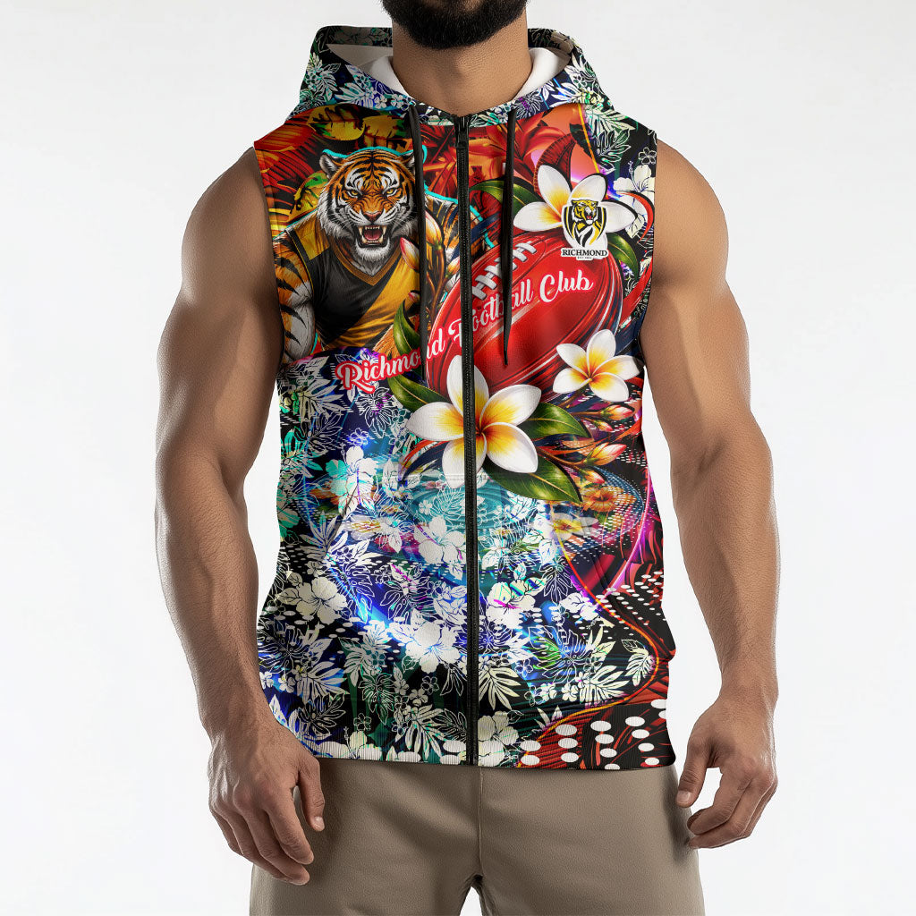 Personalized Richmond Football Tigers Sleeveless Zip Hoodie Tropical Hibiscus Flowers - Pacific Fusion Style