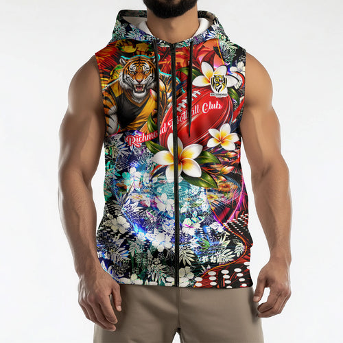 Personalized Richmond Football Tigers Sleeveless Zip Hoodie Tropical Hibiscus Flowers - Pacific Fusion Style