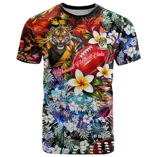 Personalized Richmond Football Tigers T Shirt Tropical Hibiscus Flowers - Pacific Fusion Style