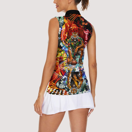 Personalized Richmond Football Tigers Women Sleeveless Polo Shirt Tropical Hibiscus Flowers - Pacific Fusion Style