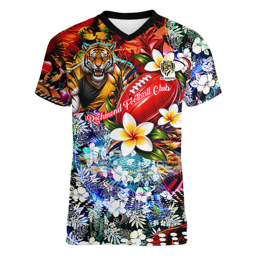 Personalized Richmond Football Tigers Women V-Neck T-Shirt Tropical Hibiscus Flowers - Pacific Fusion Style