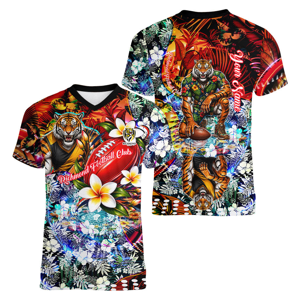 Personalized Richmond Football Tigers Women V-Neck T-Shirt Tropical Hibiscus Flowers - Pacific Fusion Style