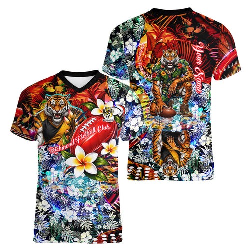 Personalized Richmond Football Tigers Women V-Neck T-Shirt Tropical Hibiscus Flowers - Pacific Fusion Style