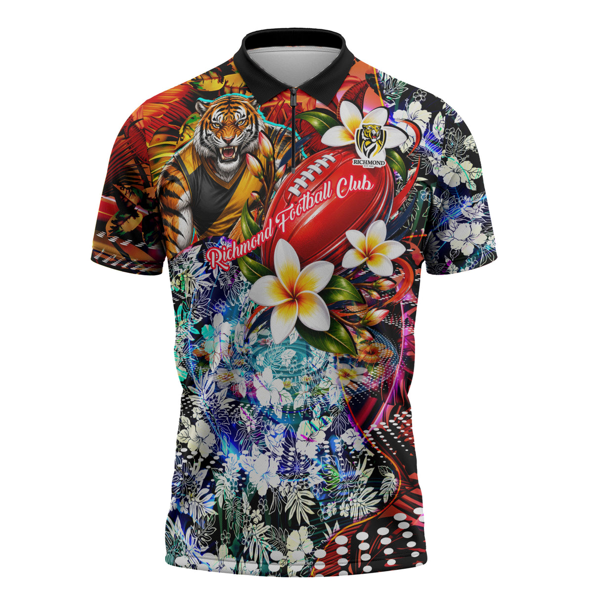 Personalized Richmond Football Tigers Zipper Polo Shirt Tropical Hibiscus Flowers - Pacific Fusion Style
