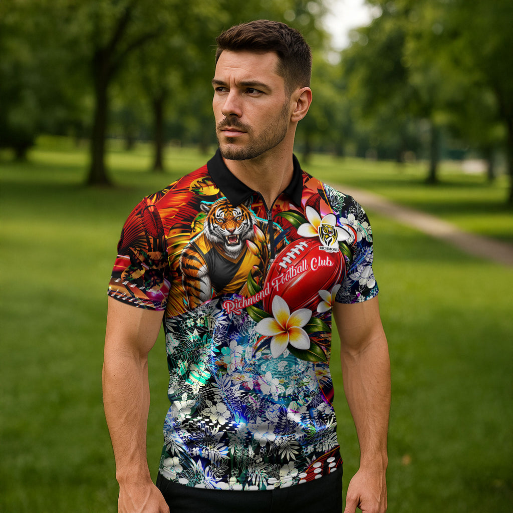 Personalized Richmond Football Tigers Zipper Polo Shirt Tropical Hibiscus Flowers - Pacific Fusion Style