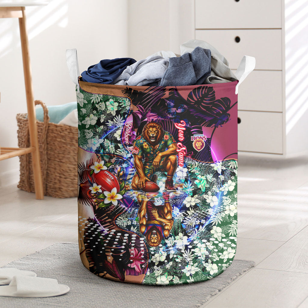 Personalized Brisbane Lions Football Laundry Basket Tropical Hibiscus Flowers - Pacific Fusion Style