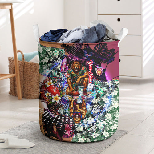 Personalized Brisbane Lions Football Laundry Basket Tropical Hibiscus Flowers - Pacific Fusion Style