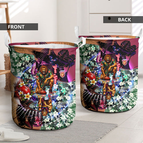 Personalized Brisbane Lions Football Laundry Basket Tropical Hibiscus Flowers - Pacific Fusion Style