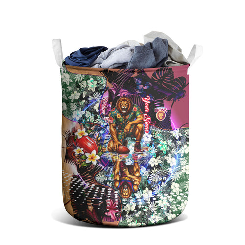 Personalized Brisbane Lions Football Laundry Basket Tropical Hibiscus Flowers - Pacific Fusion Style