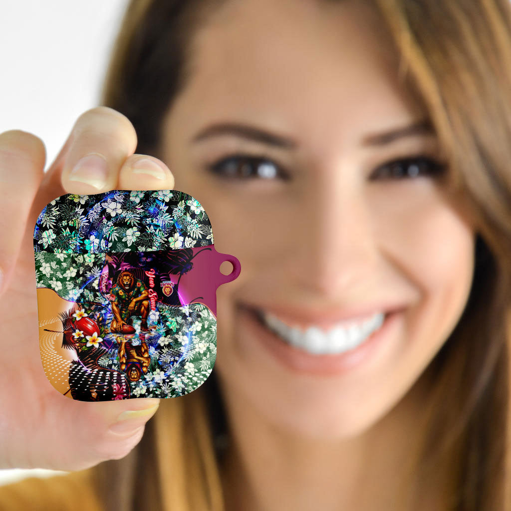 Personalized Brisbane Lions Football AirPods Case Tropical Hibiscus Flowers - Pacific Fusion Style