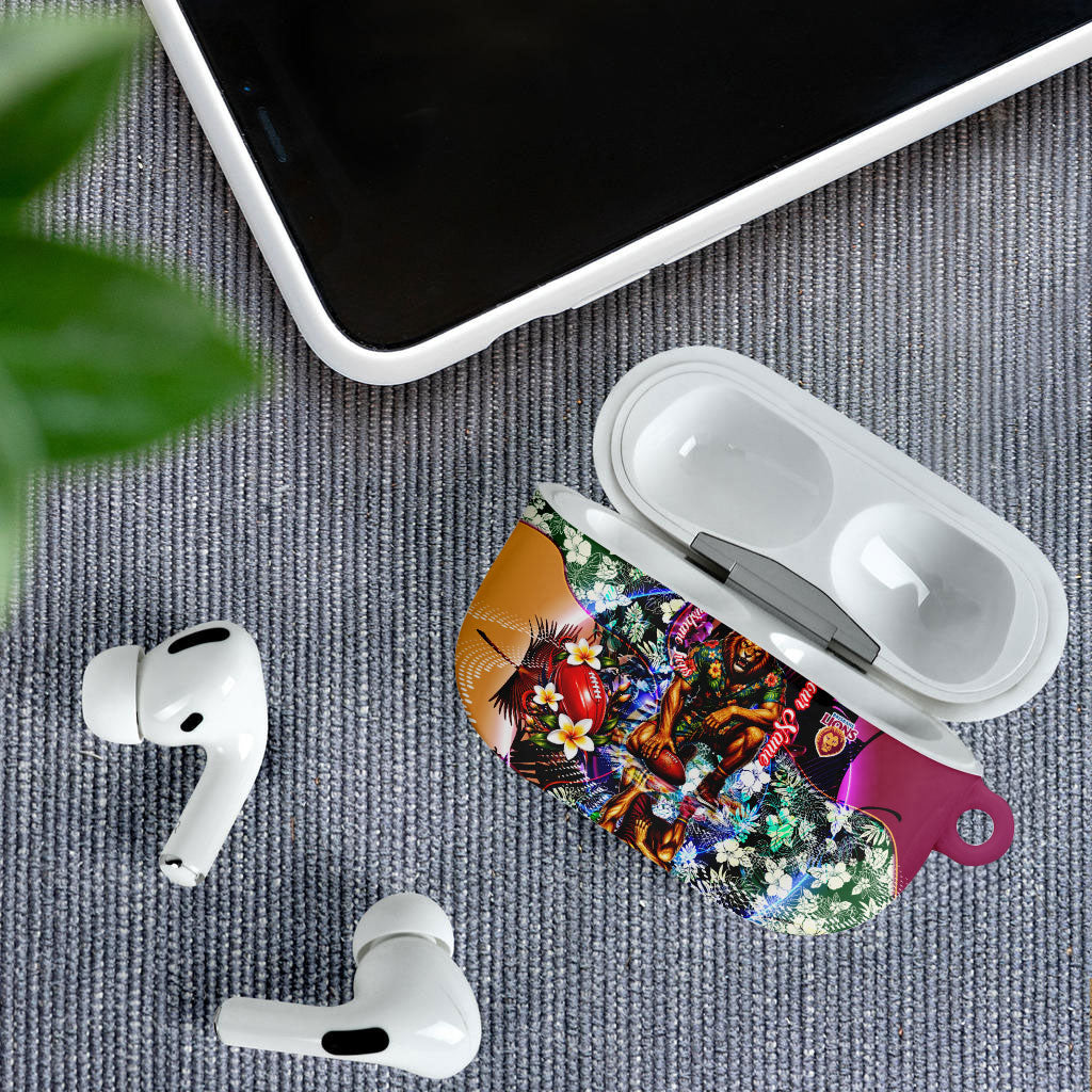 Personalized Brisbane Lions Football AirPods Case Tropical Hibiscus Flowers - Pacific Fusion Style