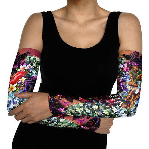 Personalized Brisbane Lions Football Arm Sleeves Tropical Hibiscus Flowers - Pacific Fusion Style