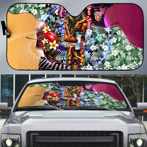 Personalized Brisbane Lions Football Auto Sun Shade Tropical Hibiscus Flowers - Pacific Fusion Style