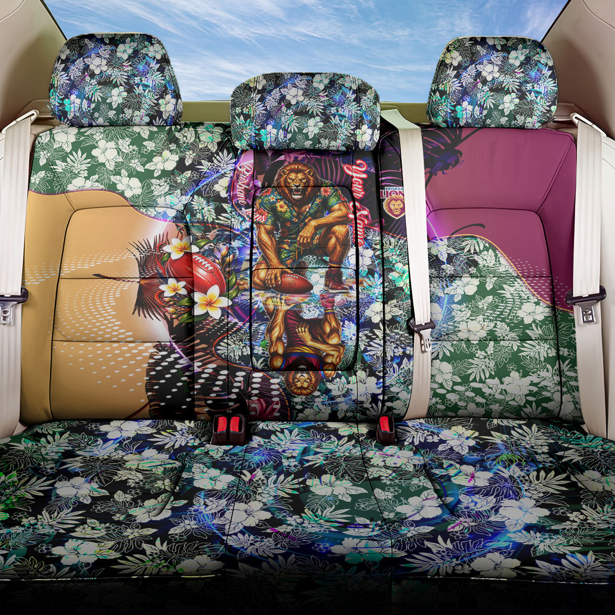 Personalized Brisbane Lions Football Back Car Seat Cover Tropical Hibiscus Flowers - Pacific Fusion Style