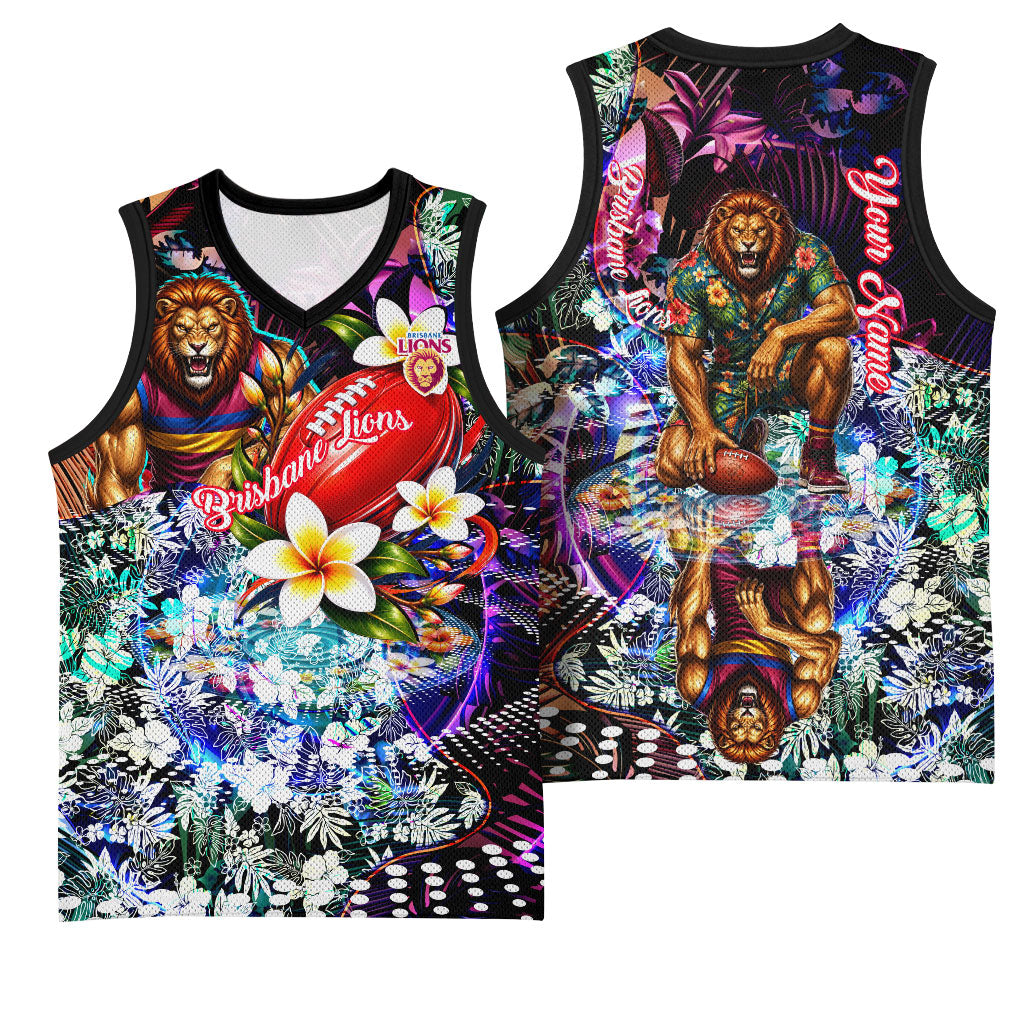 Personalized Brisbane Lions Football Basketball Jersey Tropical Hibiscus Flowers - Pacific Fusion Style
