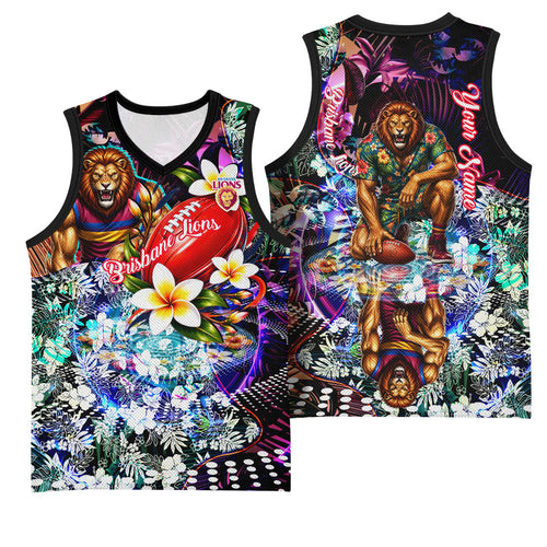 Personalized Brisbane Lions Football Basketball Jersey Tropical Hibiscus Flowers - Pacific Fusion Style