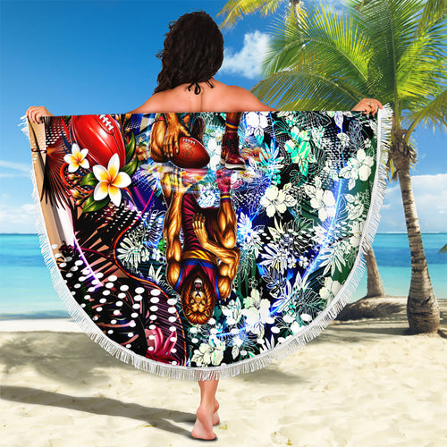 Personalized Brisbane Lions Football Beach Blanket Tropical Hibiscus Flowers - Pacific Fusion Style
