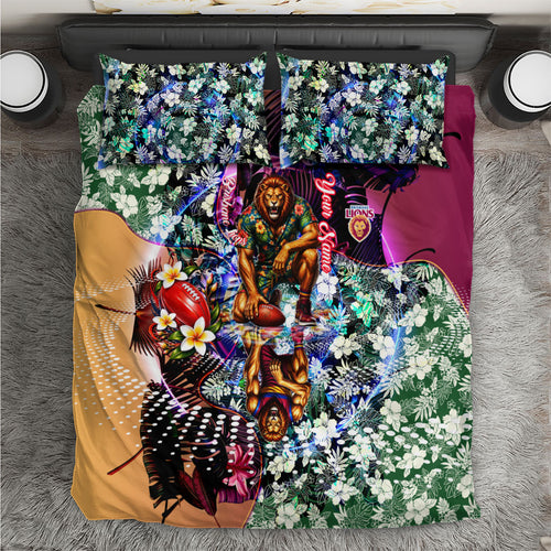 Personalized Brisbane Lions Football Bedding Set Tropical Hibiscus Flowers - Pacific Fusion Style