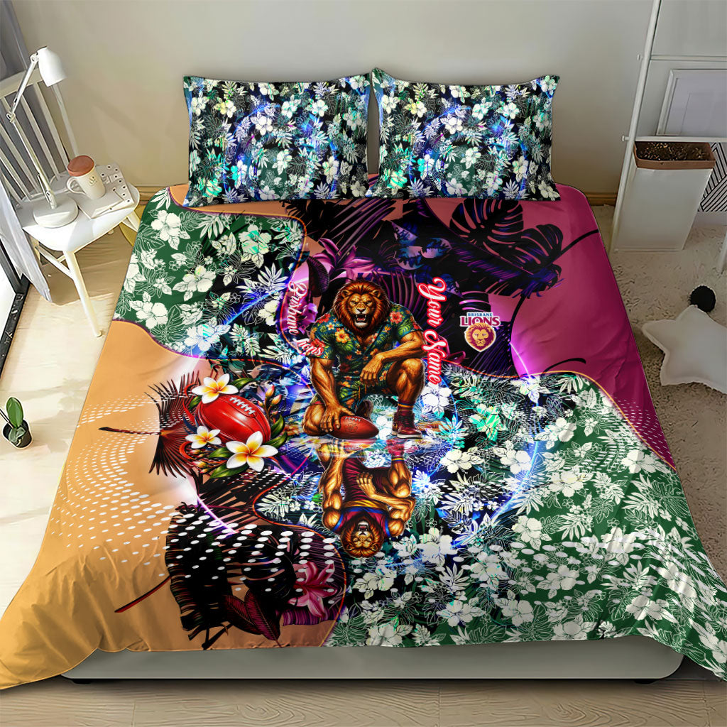 Personalized Brisbane Lions Football Bedding Set Tropical Hibiscus Flowers - Pacific Fusion Style