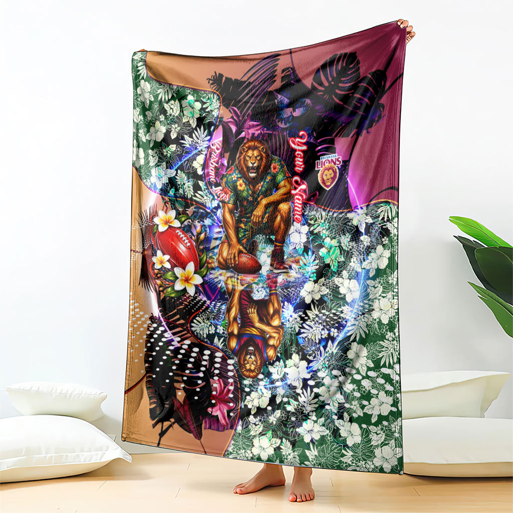 Personalized Brisbane Lions Football Blanket Tropical Hibiscus Flowers - Pacific Fusion Style