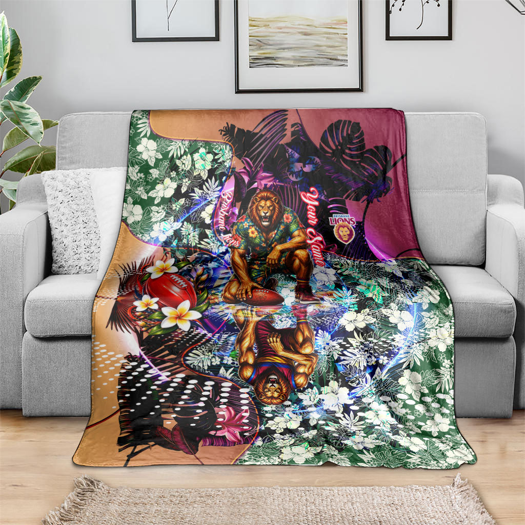 Personalized Brisbane Lions Football Blanket Tropical Hibiscus Flowers - Pacific Fusion Style