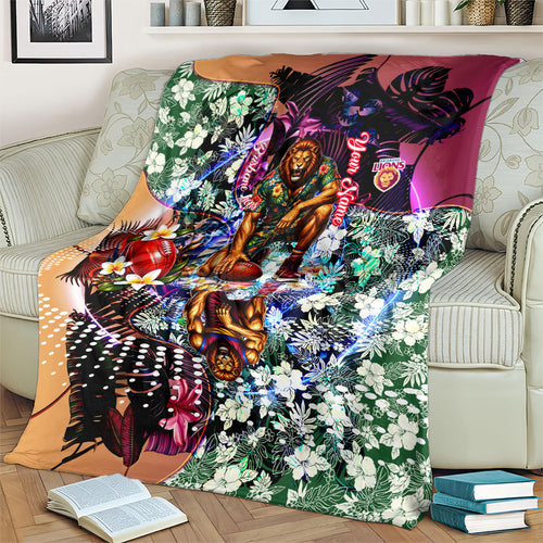 Personalized Brisbane Lions Football Blanket Tropical Hibiscus Flowers - Pacific Fusion Style