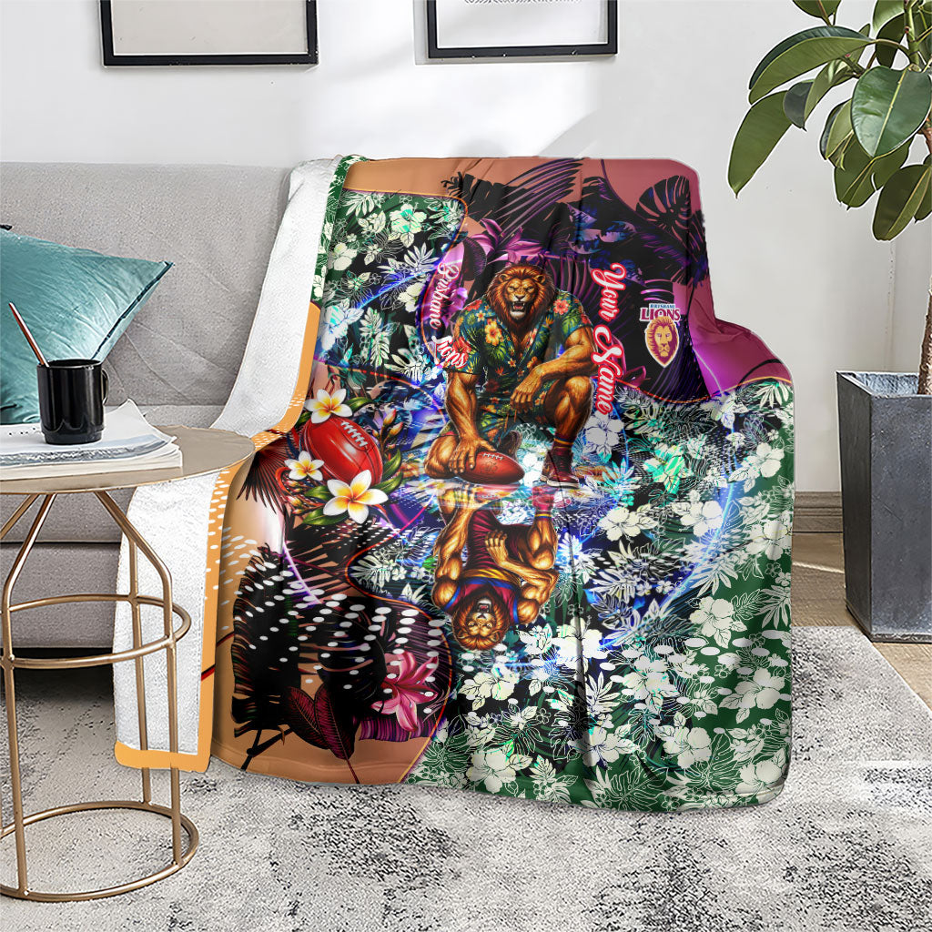 Personalized Brisbane Lions Football Blanket Tropical Hibiscus Flowers - Pacific Fusion Style
