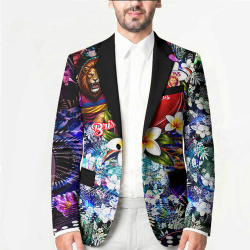 Personalized Brisbane Lions Football Blazer Tropical Hibiscus Flowers - Pacific Fusion Style