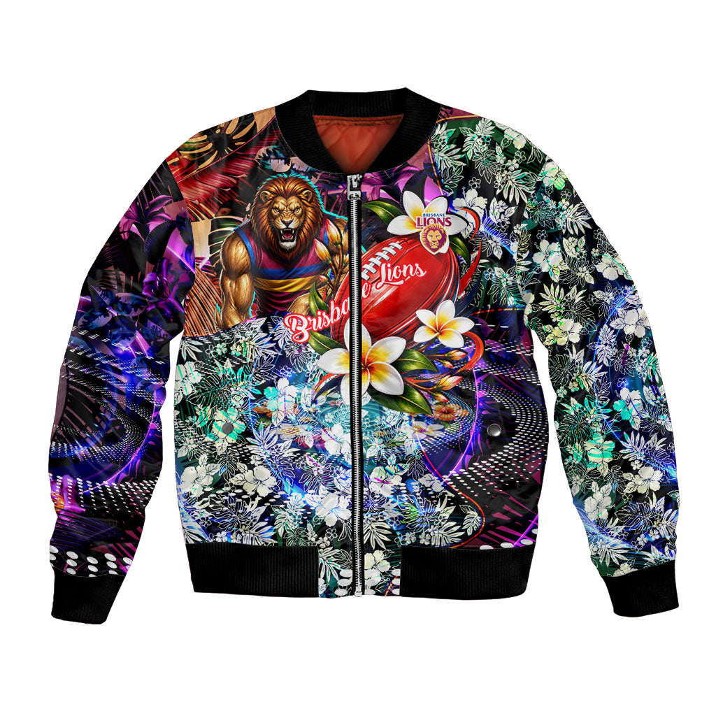 Personalized Brisbane Lions Football Bomber Jacket Tropical Hibiscus Flowers - Pacific Fusion Style