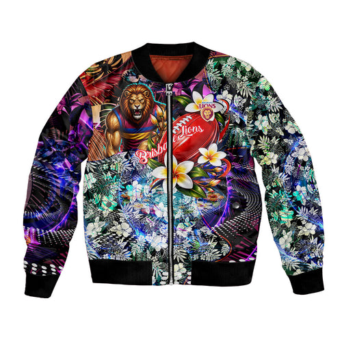 Personalized Brisbane Lions Football Bomber Jacket Tropical Hibiscus Flowers - Pacific Fusion Style