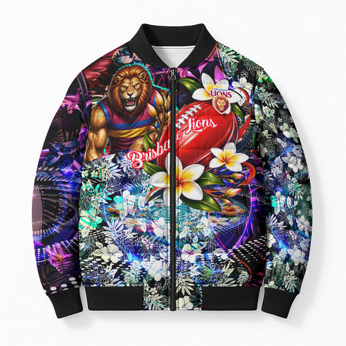 Personalized Brisbane Lions Football Bomber Puffer Jacket Tropical Hibiscus Flowers - Pacific Fusion Style