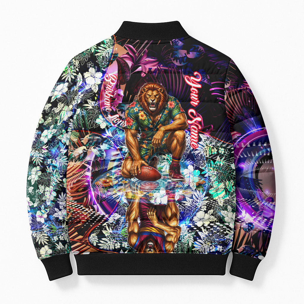 Personalized Brisbane Lions Football Bomber Puffer Jacket Tropical Hibiscus Flowers - Pacific Fusion Style