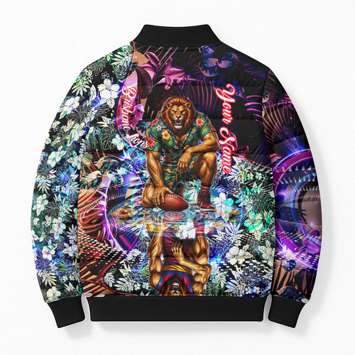 Personalized Brisbane Lions Football Bomber Puffer Jacket Tropical Hibiscus Flowers - Pacific Fusion Style