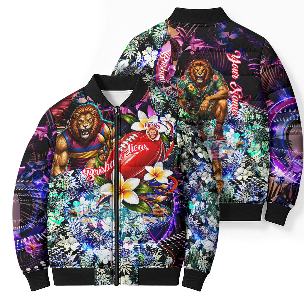 Personalized Brisbane Lions Football Bomber Puffer Jacket Tropical Hibiscus Flowers - Pacific Fusion Style