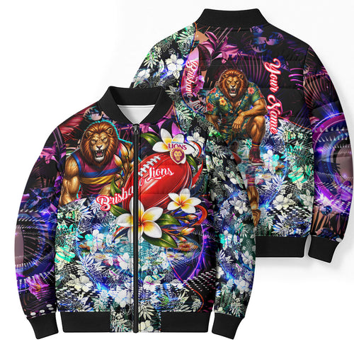 Personalized Brisbane Lions Football Bomber Puffer Jacket Tropical Hibiscus Flowers - Pacific Fusion Style