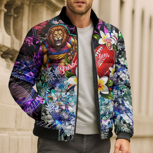 Personalized Brisbane Lions Football Bomber Puffer Jacket Tropical Hibiscus Flowers - Pacific Fusion Style