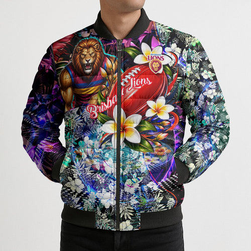 Personalized Brisbane Lions Football Bomber Puffer Jacket Tropical Hibiscus Flowers - Pacific Fusion Style