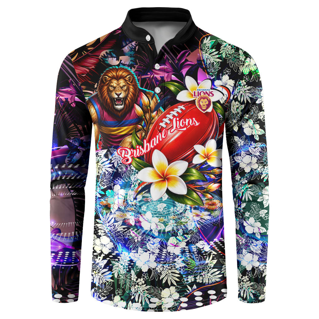 Personalized Brisbane Lions Football Button Sweatshirt Tropical Hibiscus Flowers - Pacific Fusion Style