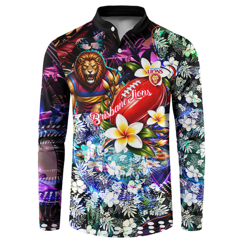 Personalized Brisbane Lions Football Button Sweatshirt Tropical Hibiscus Flowers - Pacific Fusion Style