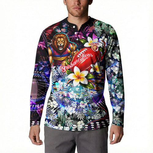 Personalized Brisbane Lions Football Button Sweatshirt Tropical Hibiscus Flowers - Pacific Fusion Style