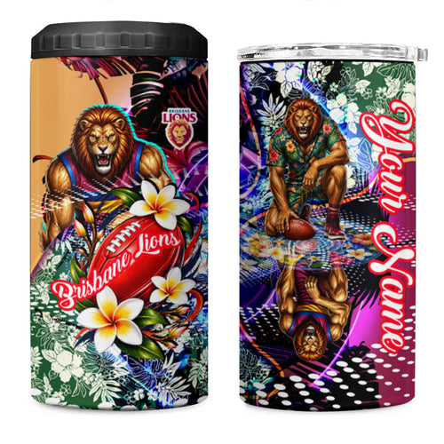 Personalized Brisbane Lions Football 4 in 1 Can Cooler Tumbler Tropical Hibiscus Flowers - Pacific Fusion Style