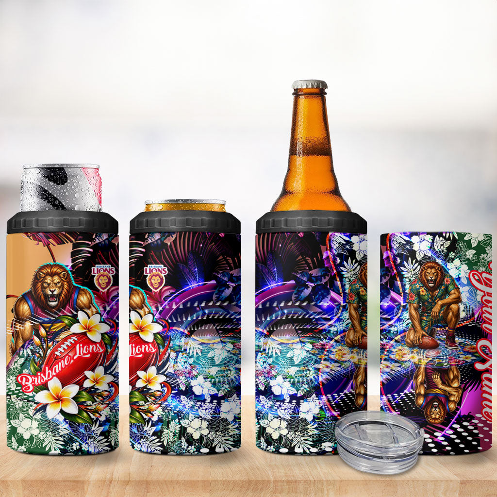 Personalized Brisbane Lions Football 4 in 1 Can Cooler Tumbler Tropical Hibiscus Flowers - Pacific Fusion Style