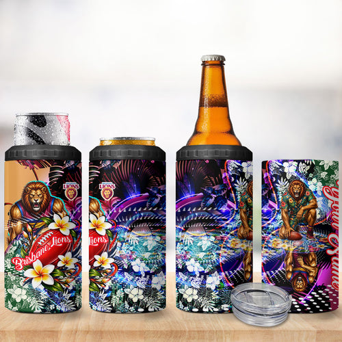 Personalized Brisbane Lions Football 4 in 1 Can Cooler Tumbler Tropical Hibiscus Flowers - Pacific Fusion Style