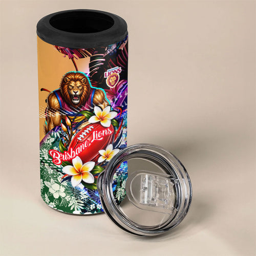 Personalized Brisbane Lions Football 4 in 1 Can Cooler Tumbler Tropical Hibiscus Flowers - Pacific Fusion Style