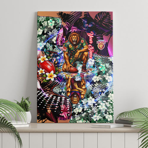 Personalized Brisbane Lions Football Canvas Wall Art Tropical Hibiscus Flowers - Pacific Fusion Style