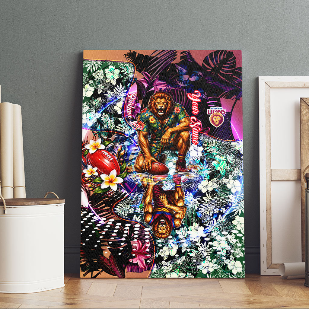 Personalized Brisbane Lions Football Canvas Wall Art Tropical Hibiscus Flowers - Pacific Fusion Style