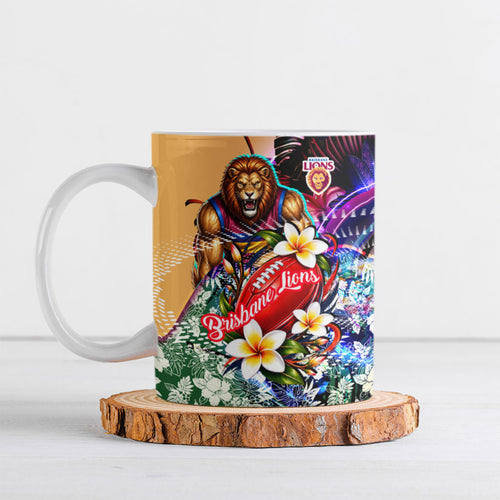 Personalized Brisbane Lions Football Ceramic Mug Tropical Hibiscus Flowers - Pacific Fusion Style